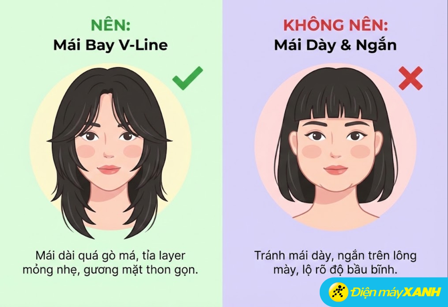 Gương mặt tròn nên chọn mái bay qua gò má