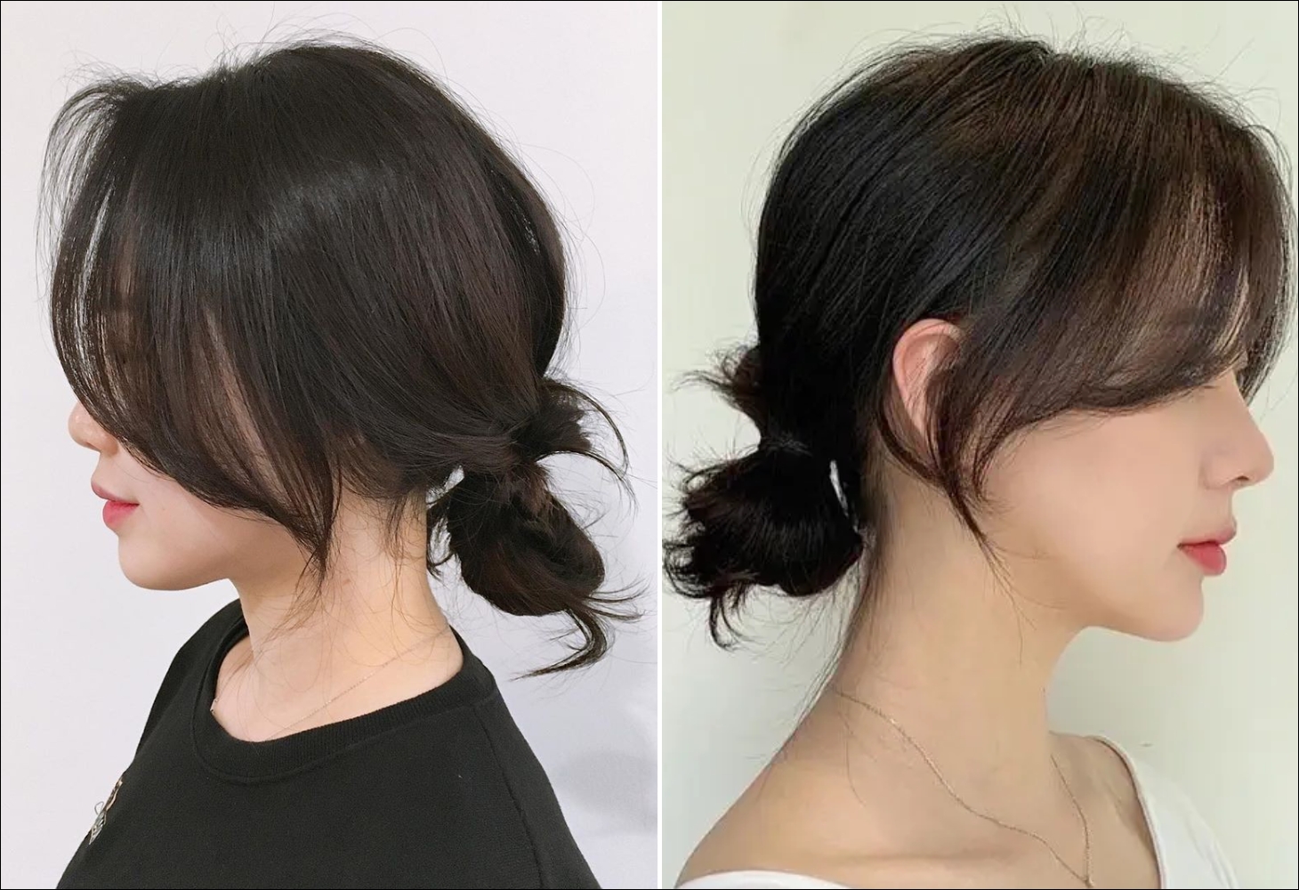Kiểu tóc mái bay búi thấp phù hợp cho các bữa tiệc, tôn lên nét thanh lịch và sang trọng