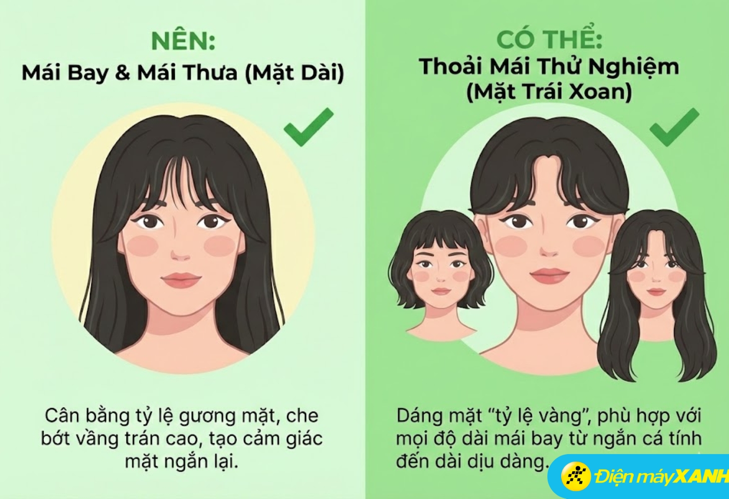 Tóc mái bay phù hợp cho khuôn mặt dài và mặt trái xoan