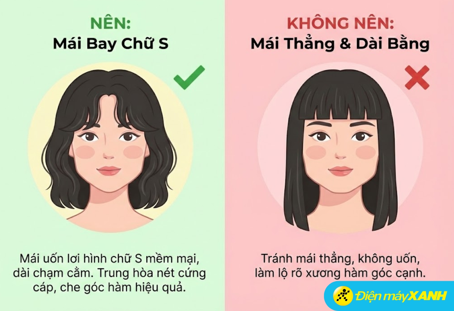Tóc mái bay uốn lơi sẽ hợp với những gương mặt vuông, góc cạnh