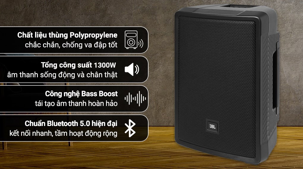 Loa điện karaoke JBL IRX112BT 1300W Hoạt động hiệu quả với công suất 1300W, 1 loa Bass - kích thước khoảng 30 cm, 1 loa Treble - kích thước 2.5 cm, cho âm thanh có khả năng phân tán cao