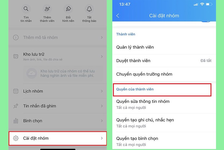 Chọn Cài đặt nhóm, rồi kéo xuống chọn mục Quyền của thành viên