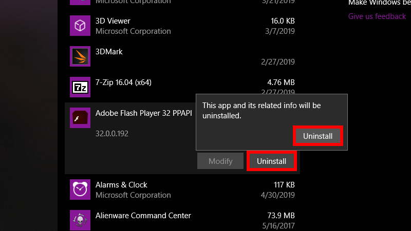 click vào Uninstall