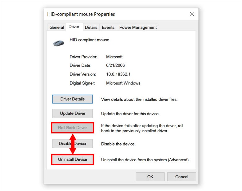 Bạn chọn Roll Back Driver hoặc Uninstall Device tùy vào thời gian gặp sự cố