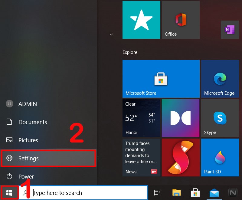 Chọn Settings trong phần Windows