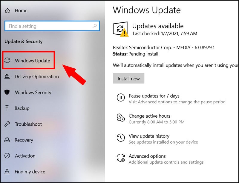 Truy cập vào Windows Update để cập nhật