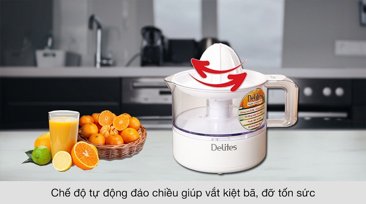 Máy vắt cam Delites 30W JC3000-GS có chế độ tự động đảo chiều giúp vắt kiệt bã, tránh gây lãng phí