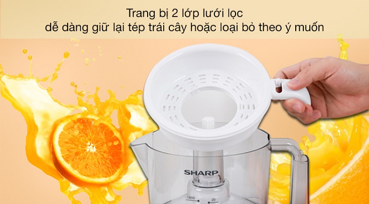 Máy vắt cam Sharp 25W EJ-J256-WH được trang bị 2 lớp lưới lọc giúp dễ dàng bỏ hạt hay các xơ cam hiệu quả