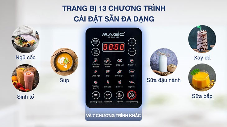 Máy làm sữa hạt Magic được trang bị các chương trình cài đặt sẵn giúp người dùng trải nghiệm nấu nhiều món ăn khác nhau dễ dàng