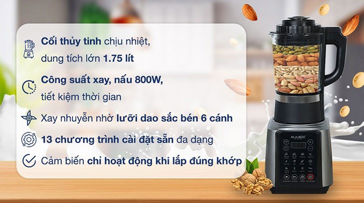 Máy làm sữa hạt đa năng Magic A-96 bạc sở hữu công suất 800W cho khả năng xay sữa hạt nhanh chóng