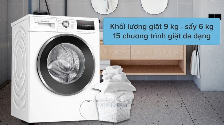 Máy giặt sấy Bosch 9 kg WNA14400SG có khối lượng giặt 9kg - sấy 6kg cùng 15 chương trình giặt đa dạng