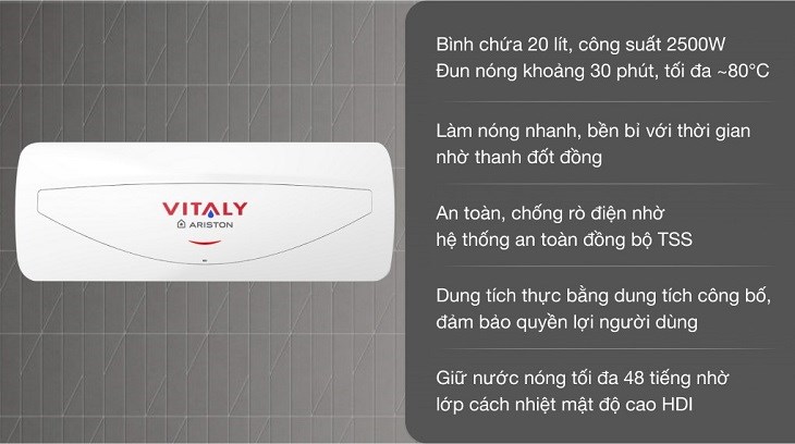 Bạn nên lắp máy nước nóng gián tiếp Ariston 20 lít 2500W VITALY 20 SLIM 2.5 FE cách mặt sàn 2m nhằm đảm bảo an toàn khi sử dụng