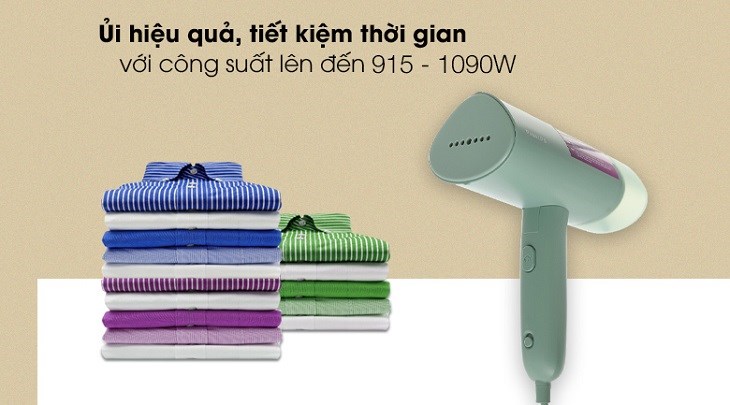Bàn ủi hơi nước cầm tay Philips STH3010 1090W có công suất 915 - 1090W, cho lực phun hơi nước mạnh