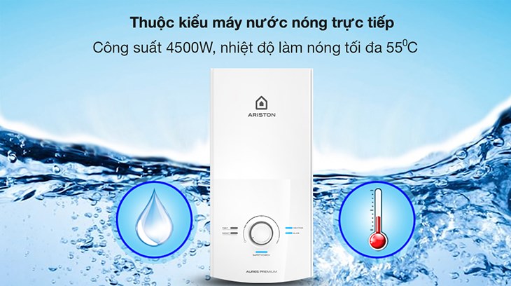 Máy nước nóng trực tiếp Ariston 4500W AURES PREMIUM 4.5 có công suất làm nóng mạnh mẽ 4500W với nhiệt độ làm nóng tối đa khoảng 55 độ C