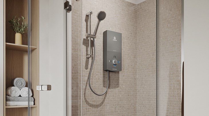 Máy nước nóng trực tiếp Ariston 4500W AURES PREMIUM+ 4.5P có tông màu đen - xám sang trọng tô điểm cho không gian phòng tắm trông cao cấp, thời thượng
