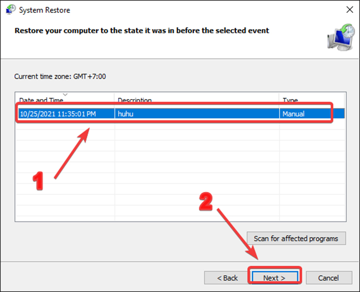 Bạn hãy chọn bảng Backup phụ hợp và chọn Next.