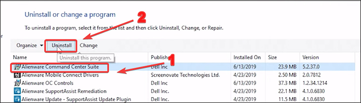 Bạn hãy tìm Alienware Command Center Suite. Sau đó, bạn hãy click chuột vào Uninstall.