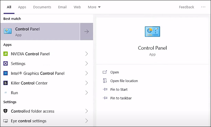 Bạn hãy tìm Control Panel trên kính lúp tìm kiếm