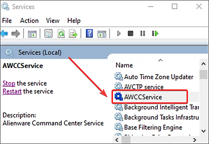 Cửa sổ Services hiện ra, bạn hãy tìm Alienware Command Center (AWCCService).