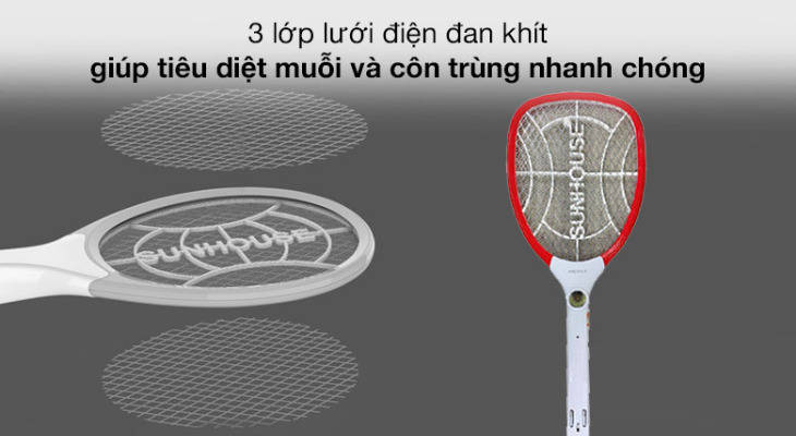 Vợt muỗi Sunhouse SHE-MT1695R có 3 lưới điện đan khít, an toàn, bắt muỗi hiệu quả