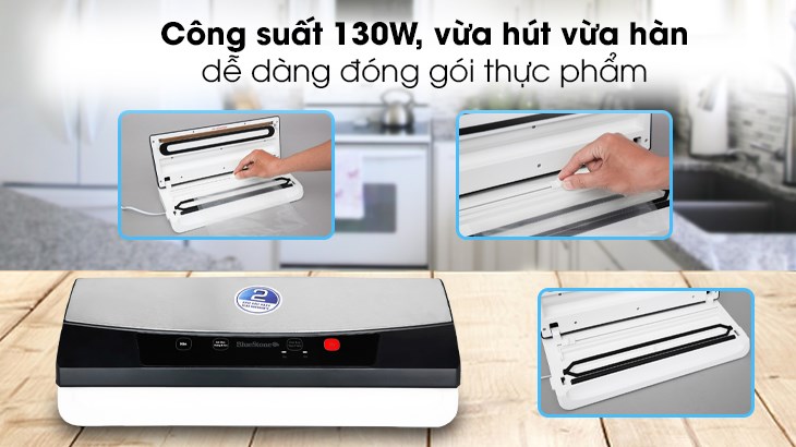 Máy hoạt động với công suất 130W giúp hút sạch không khí và hàn nhiệt miệng túi nhanh chóng, hiệu quả, đảm bảo thực phẩm được bảo quản một cách tốt nhất