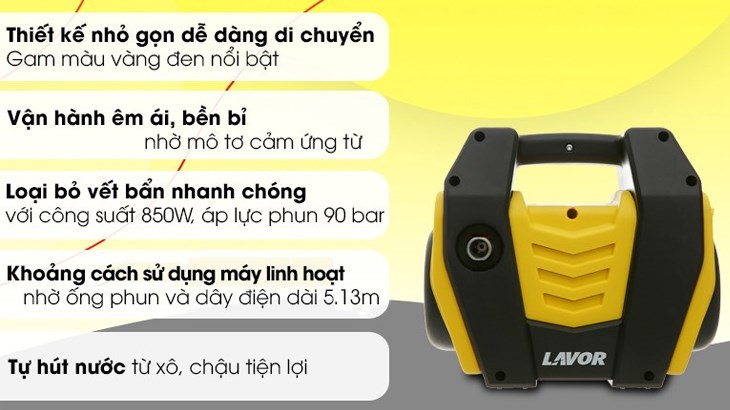 Máy phun xịt rửa Lavor Hero 105AC 850W với áp lực phun nước mạnh, sử dụng nguồn điện 220V giúp tiết kiệm điện, nước