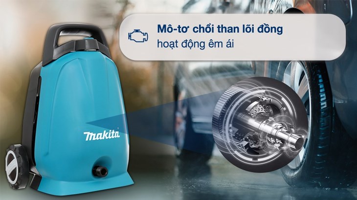 Máy phun xịt rửa áp lực cao Makita HW102 1300W sử dụng mô - tơ chổi than giúp máy hoạt động êm ái, ổn định