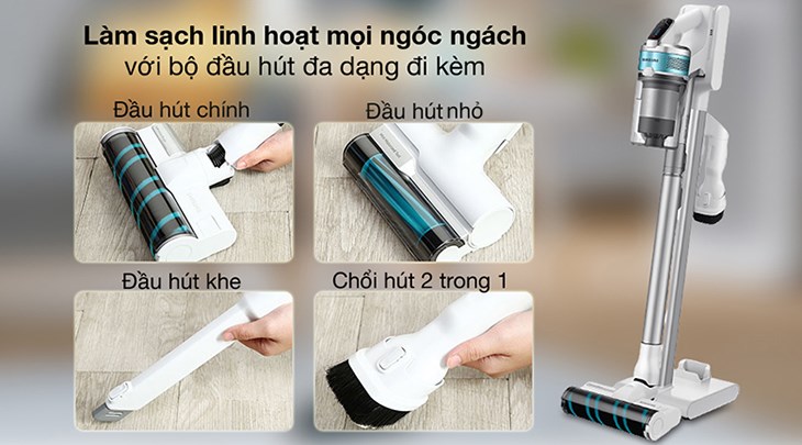 Máy hút bụi không dây Samsung VS15R8544S1/SV được trang bị nhiều đầu hút khác nhau giúp hút bụi hiệu quả