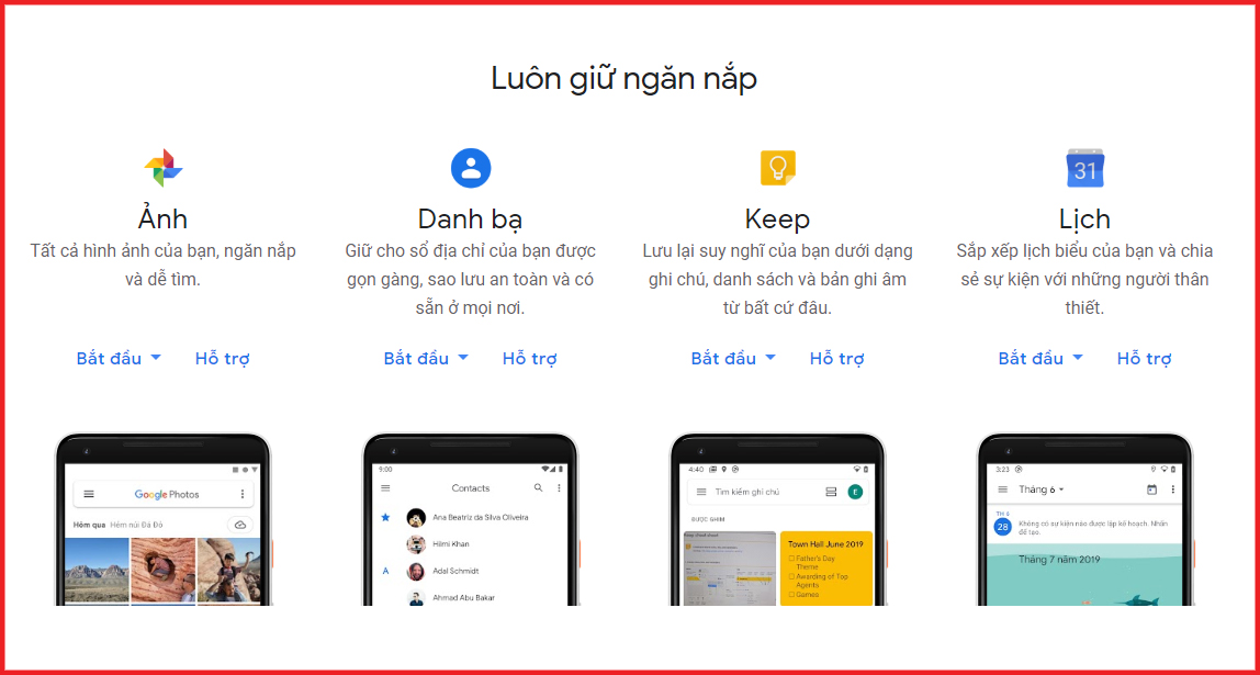 Các dữ liệu, ảnh, video đều được lưu lại trong tài khoản Google