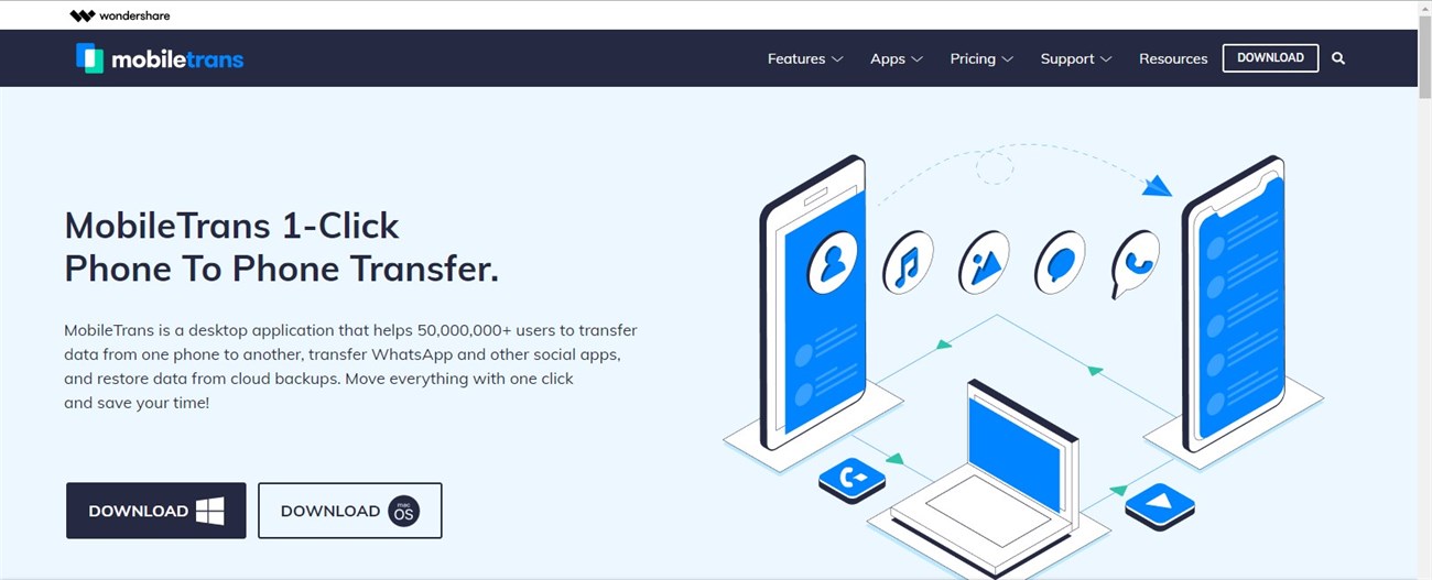 Sử dụng công cụ MobileTrans 1-Click để chuyển dữ liệu