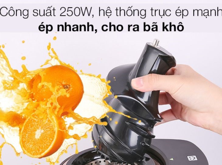 Máy ép chậm mini AVA SJ-008 có công suất ép lên đến 250W giúp ép nhanh, cho bã khô tối đa.