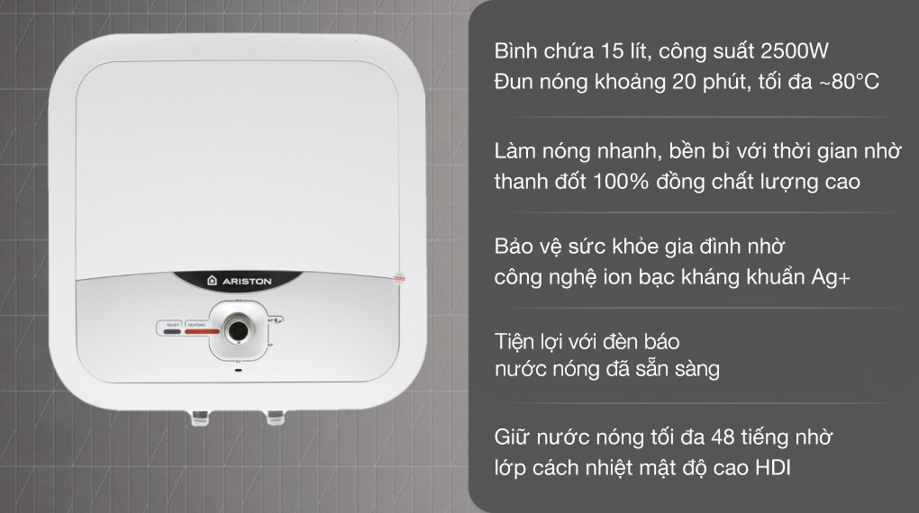 Máy nước nóng gián tiếp Ariston 15 lít 2500W AN2 15 RS 2.5 FE dung tích 15 lít phù hợp gia đình khoảng 2 thành viên