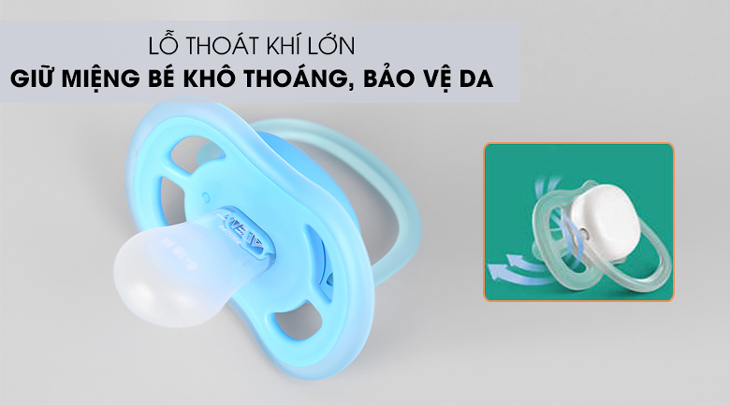 Ti giả silicone Philips Avent SCF542/12 được trang bị lỗ thoát khí lớn, bảo vệ vùng da miệng của bé.