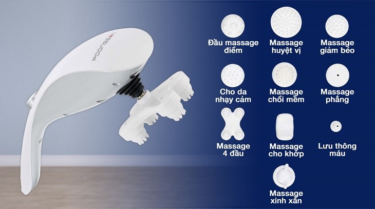Máy massage cầm tay Poongsan MHP-025 được tích hợp 10 đầu massage giúp giảm đau nhức và tăng cường lưu thông thông máu