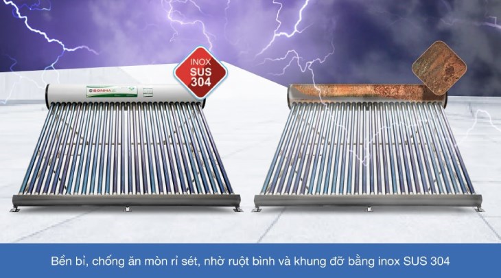 Máy nước nóng năng lượng mặt trời Sơn Hà 240 lít Eco 58-240 có bình ruột inox SUS 304 giúp chống gỉ sét, độ bền sử dụng lên đến 50 năm