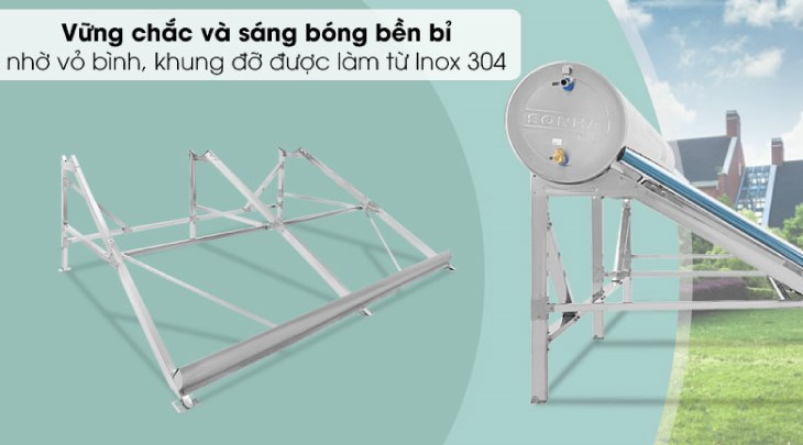 Máy nước nóng năng lượng mặt trời Sơn Hà 300 lít Gold 58-300 có khung đỡ và vỏ bình làm từ Inox 304, chịu được mọi tác động của thời tiết, chống gỉ sét