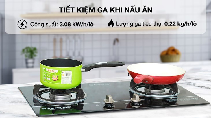 Bếp ga âm Sunhouse SHB501MT hoạt động với công suất 3.08kW/h/lò, giúp bạn nấu ăn nhanh và tiết kiệm gas
