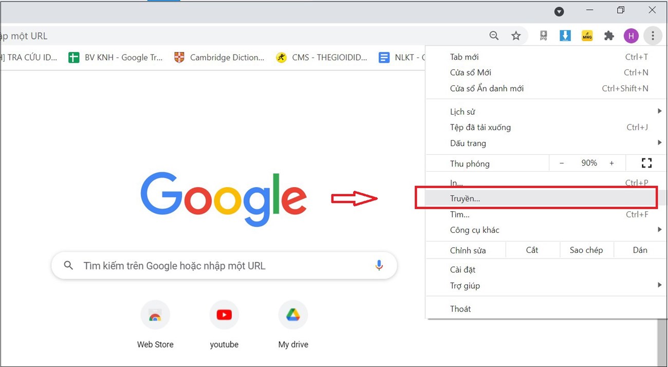 Mở trình duyệt Chrome mới, chọn icon 3 chấm ở góc phía trên (menu) và chọn Truyền.