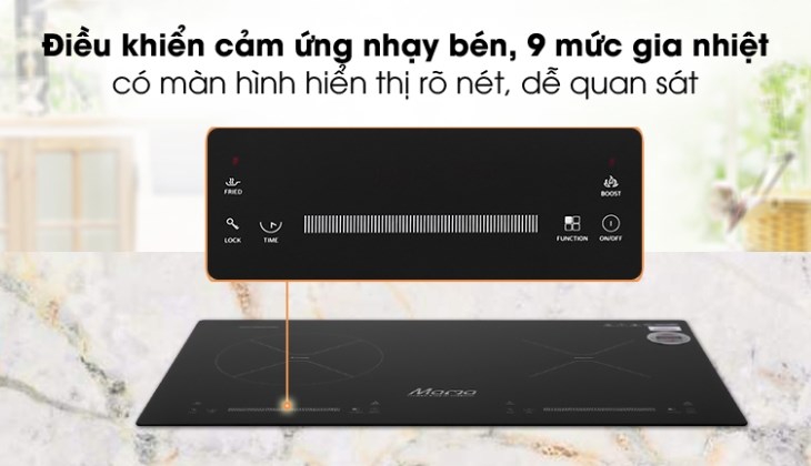 Bảng điều khiển cảm ứng của bếp từ hồng ngoại lắp âm Sunhouse Mama MMB9200MIX dễ dàng điều khiển, với 9 mức gia nhiệt khác nhau