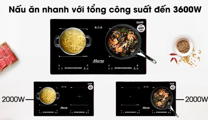 Bếp từ đôi lắp âm Sunhouse Mama MMB9201DIH đa dạng chức năng nấu với công suất mạnh mẽ 3600W, cực đại mỗi vùng 2000W
