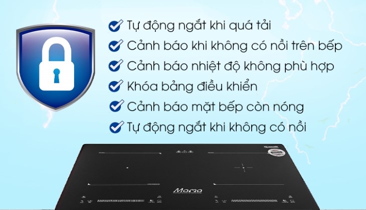 Cảnh báo mặt bếp nóng khi hiện tượng dư nhiệt xuất hiện của bếp từ đôi lắp âm Sunhouse Mama MMB9201DIH, giúp bảo vệ người dùng khỏi bị bỏng