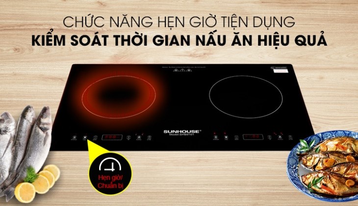 Chức năng hẹn giờ của bếp từ đôi lắp âm Sunhouse SHB9101 giúp người nội trợ chủ động chọn thời gian nấu nướng thay vì phải đứng trông chừng bếp