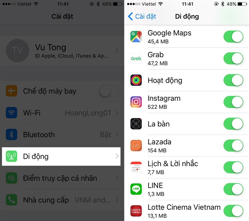 Bạn truy cập vô Cài đặt > Di động, và tắt các ứng dụng chiếm dữ liệu nền