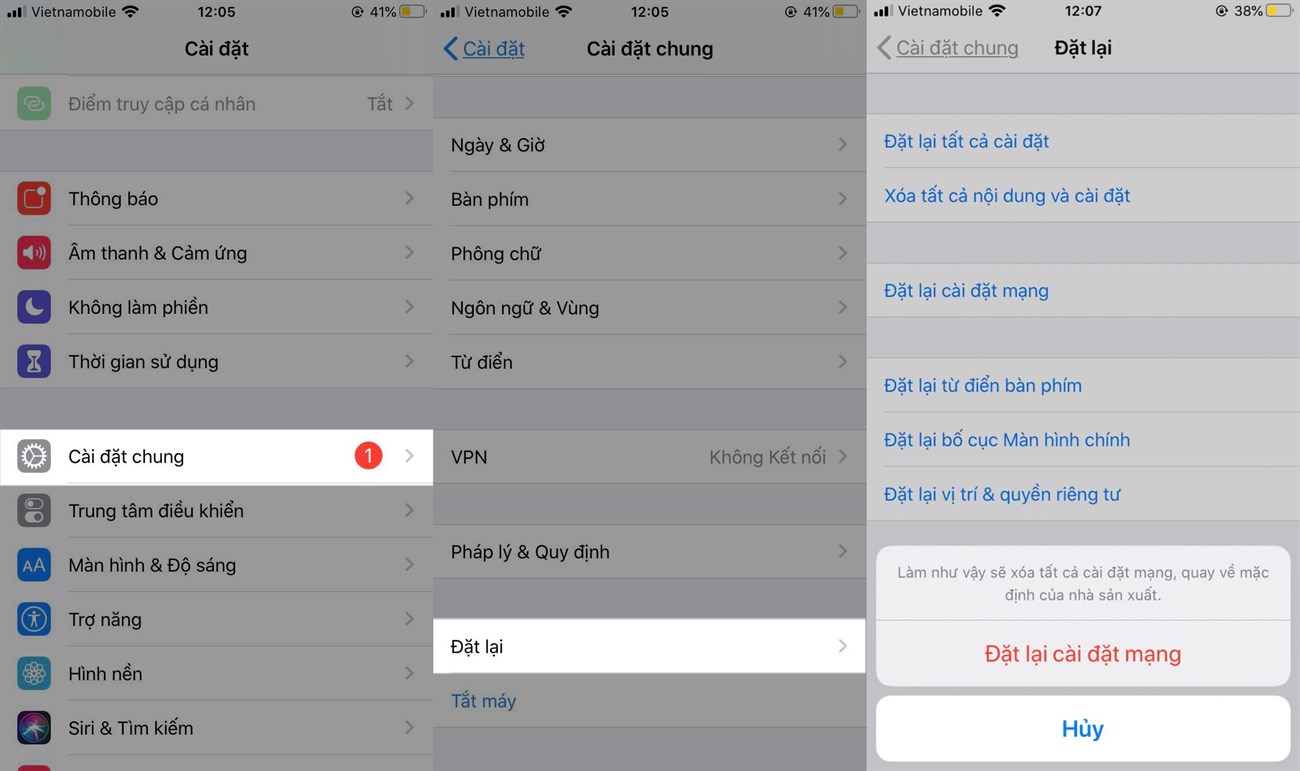 Trên iPhone, bạn vào Cài đặt > Cài đặt chung > Đặt lại > Đặt lại cài đặt mạng