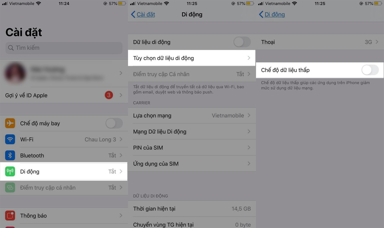 Trên iPhone, bạn vào Cài đặt > Di động > Tùy chọn dữ liệu > Tắt chế độ dữ liệu thấp