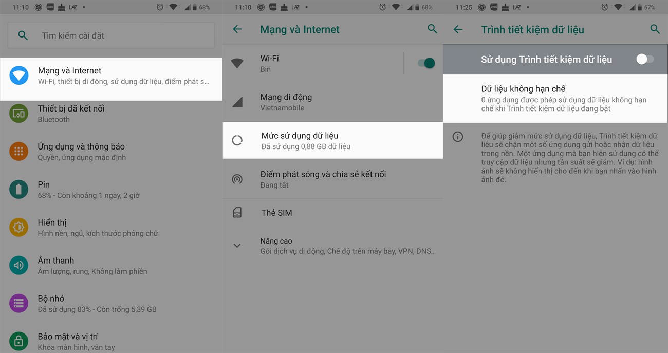 Với Android, bạn vào Cài đặt > Mạng và Internet > Mức sử dụng dữ liệu > Tắt trình tiết kiệm dữ liệu