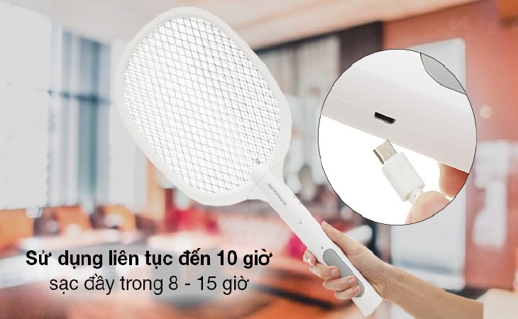 Vợt muỗi thông minh 3 in 1 Sunhouse SHE-Pro11.W được trang bị pin sạc lõi Lithium cao cấp, cho khả năng sử dụng lên tới 10 giờ