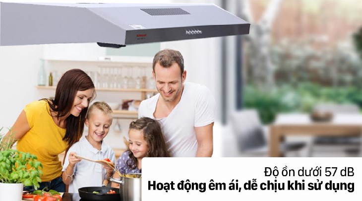 Máy hút mùi âm tủ Sunhouse SHB6118I có độ ồn tối đa 57dB, không làm ảnh hưởng đến các sinh hoạt khác của gia đình