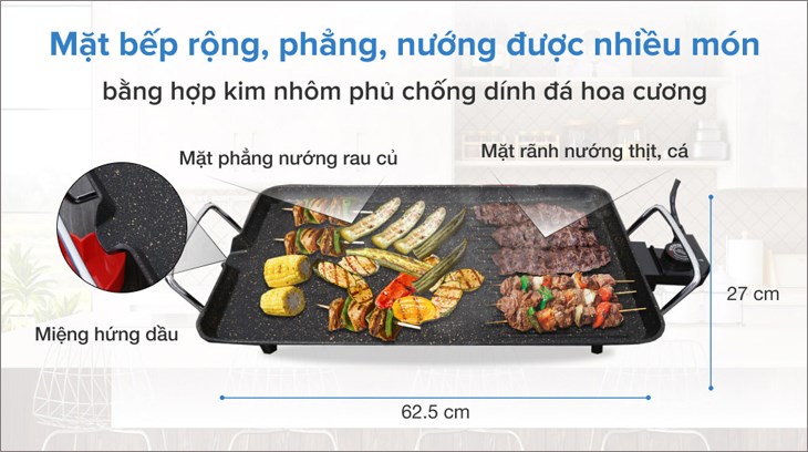 Bề mặt bếp nướng điện Kangaroo KG 699G 2000 W làm bằng hợp kim nhôm phủ lớp chống dính đá hoa cương giúp hạn chế bám dính thức ăn và dễ dàng vệ sinh sau khi dùng