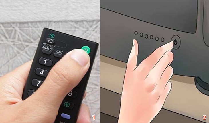 Dùng remote để tắt sau đó nhấn thêm nút nguồn
